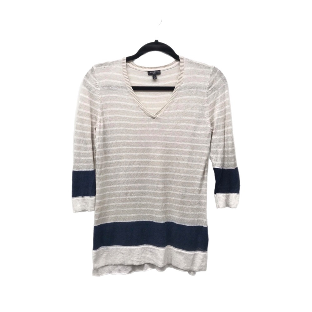 Talbots Petite SP Striped 100% Linen Light Knit Top Sweater V Neck 3/4 Sleeve